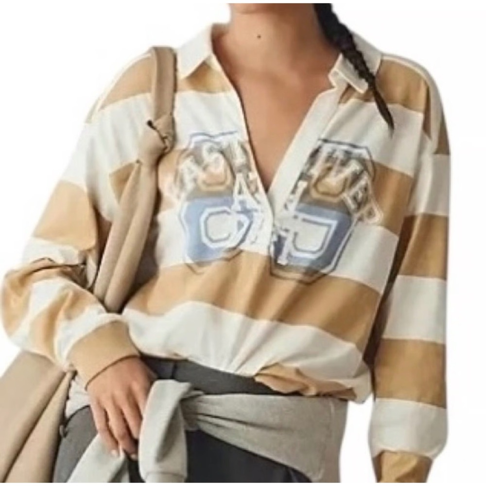 Pilcro Anthropologie East River Athletic Striped Rugby Shirt Tan White OB1835662